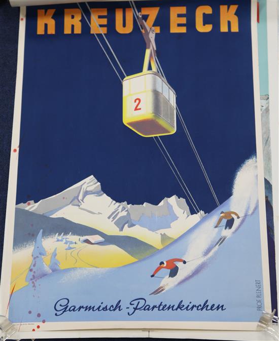 Three vintage ski posters, all for Kreuzeck, Garmisch Partenkirschen,